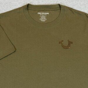 True Religion Men's Box Buddha Rhinestone Tee Kalamata Green Large Two Sided NWT